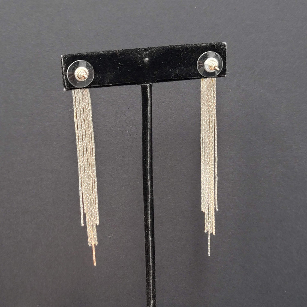Long Dangle Chain Pierced Earrings Rhinestone Silver tone 3"