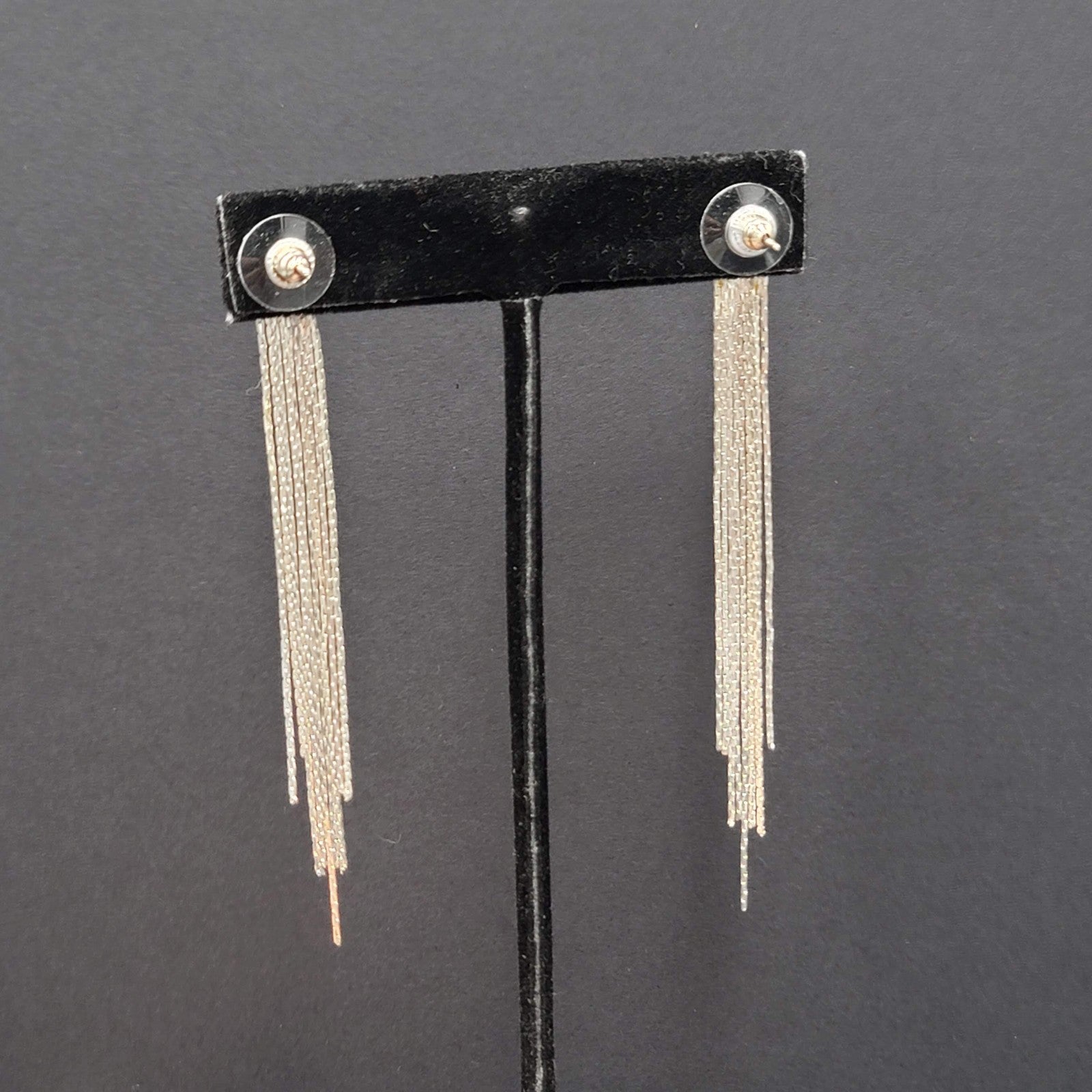 Long Dangle Chain Pierced Earrings Rhinestone Silver tone 3"