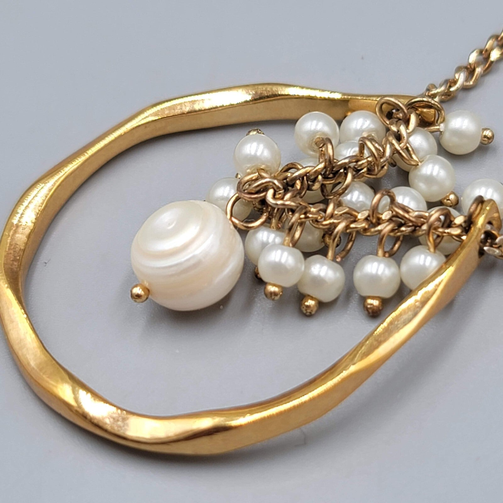 Real Pearl Pendant Cluster Open Pendant Necklace Gold tone 18"