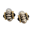 Statement Pierced Earrings Silver and Gold tones Black Bead 3/4 in