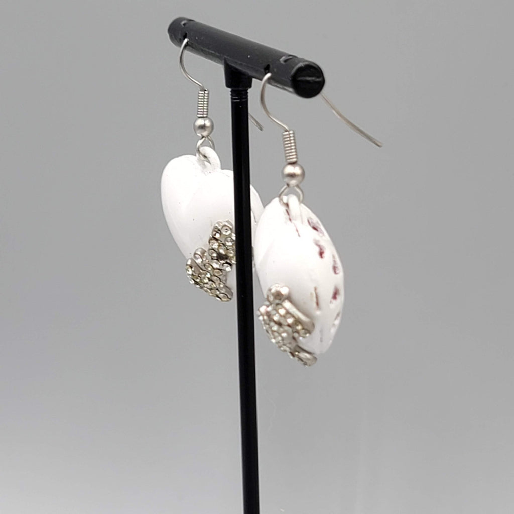 Juicy Pierced Earrings White Enamel Puffy Hearts Rhinestones Silver tone Dangle 