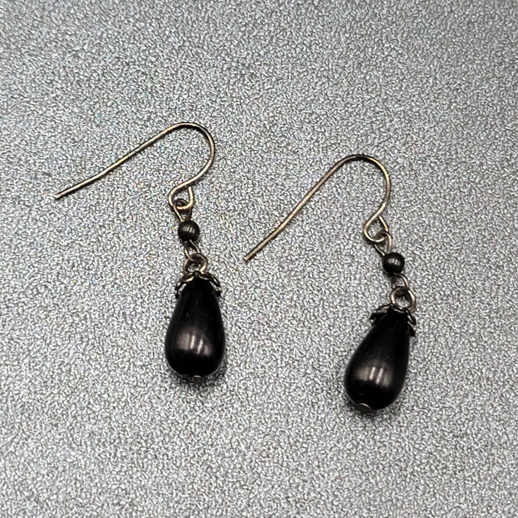 Pierced Earrings Black Metal Capped Teardrop Bead 3/4"