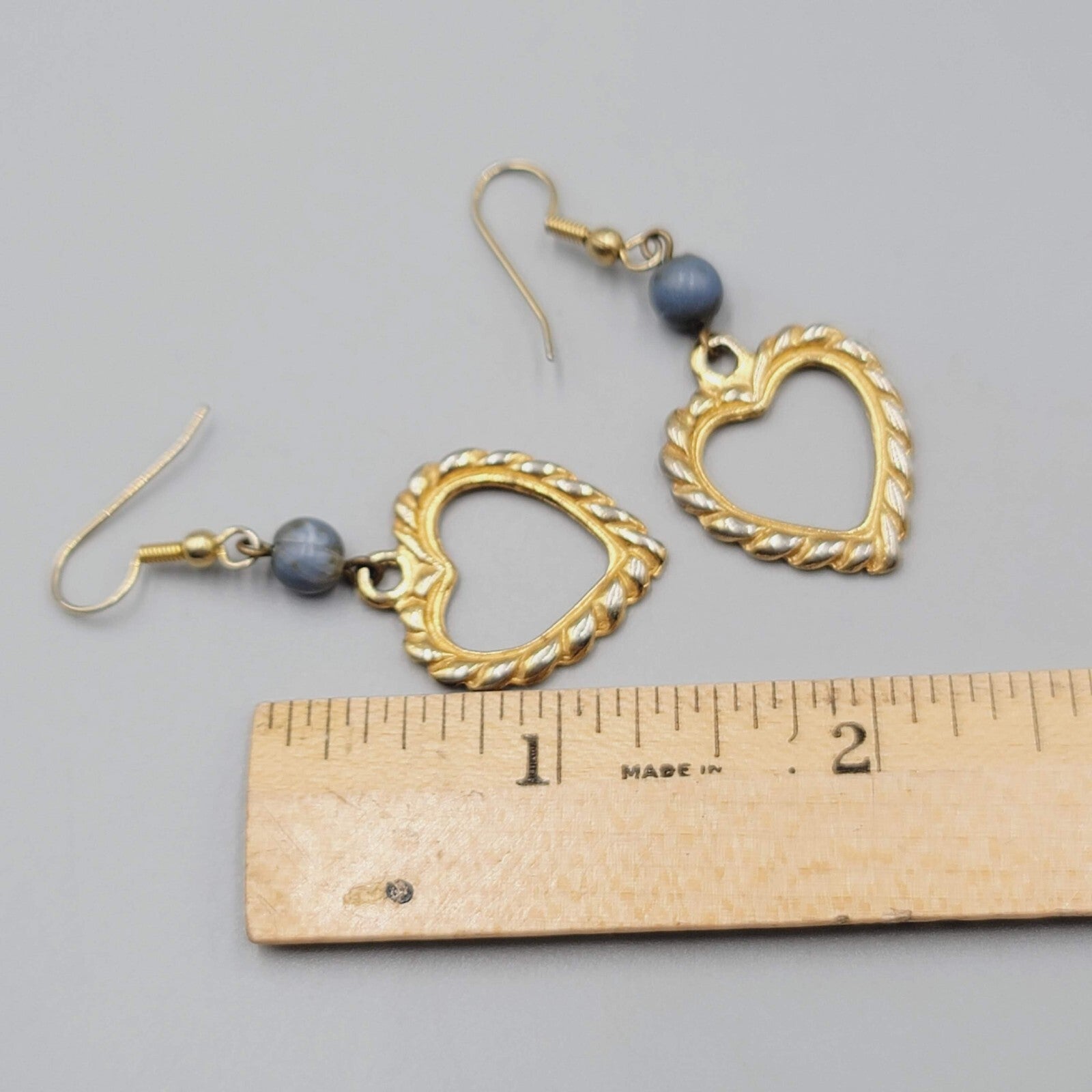 Vintage Heart Pierced Earrings Gold tone Blue Bead Dangle 1.5"
