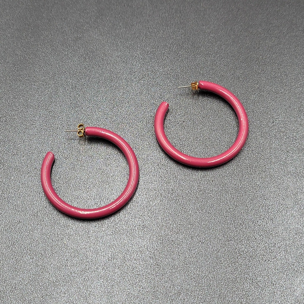 Vintage Pierced Earrings Purple Enamel Round Hoops  1 7/8"