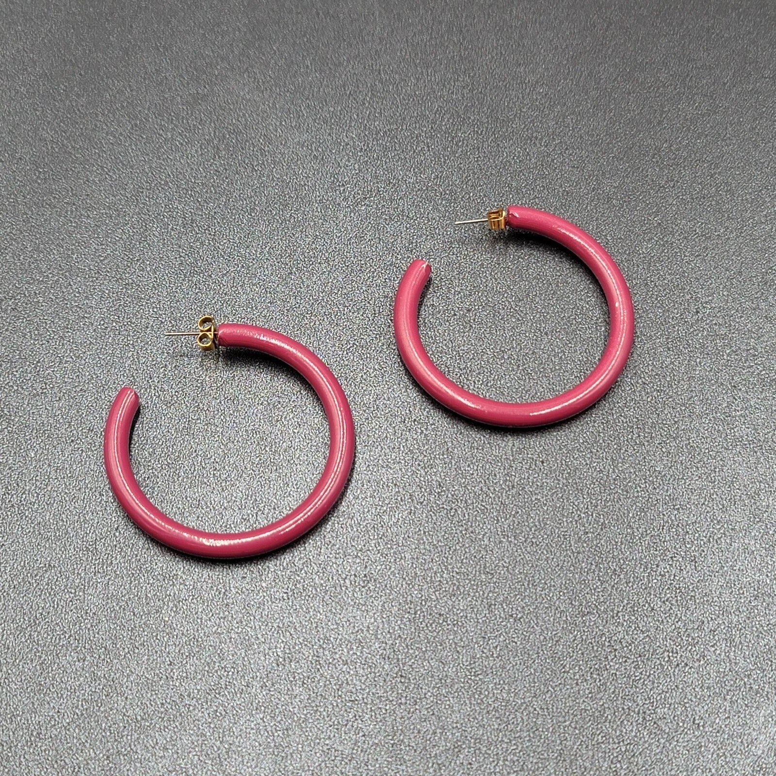 Vintage Pierced Earrings Purple Enamel Round Hoops  1 7/8"