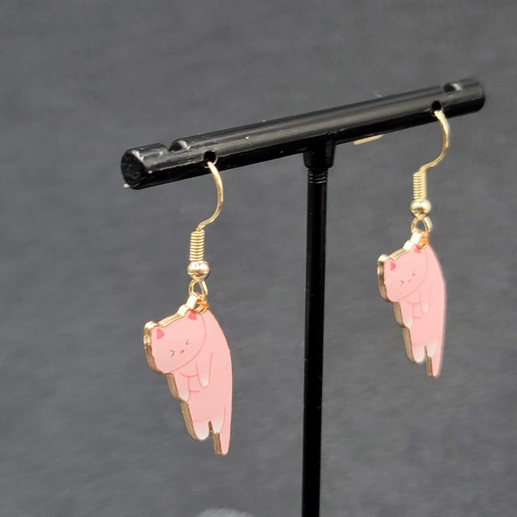 Cat Pierced Earrings Kitty Kitten Gold tone Pink Enamel Dangle 1"