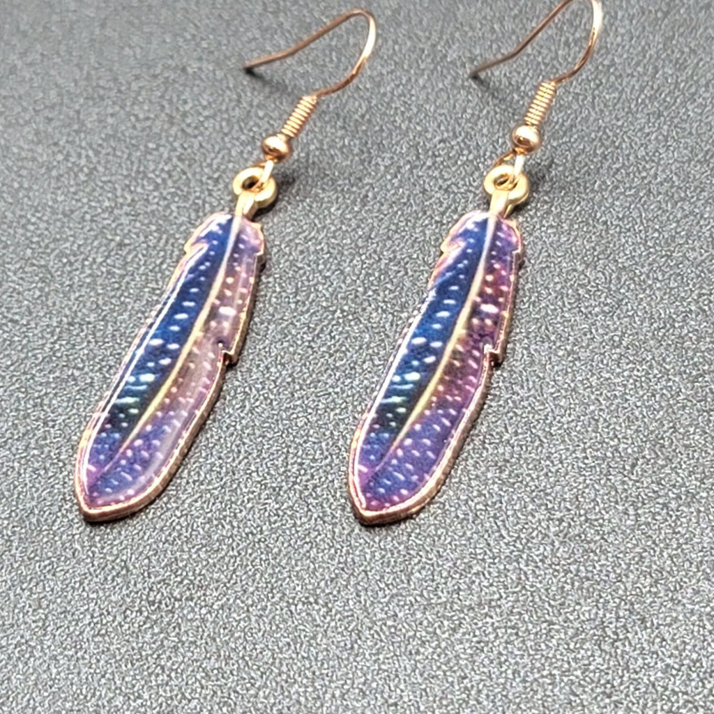Metal Feather Pierced Earrings Blue Purple White Specks Gold tone Dangle 1.5"