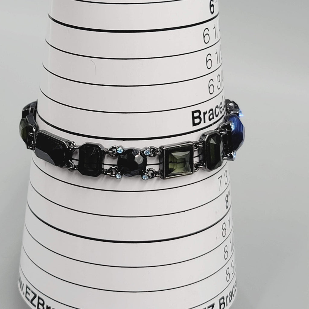 Black Metal Bracelet Dark Green Blue Rhinestones 7.25"