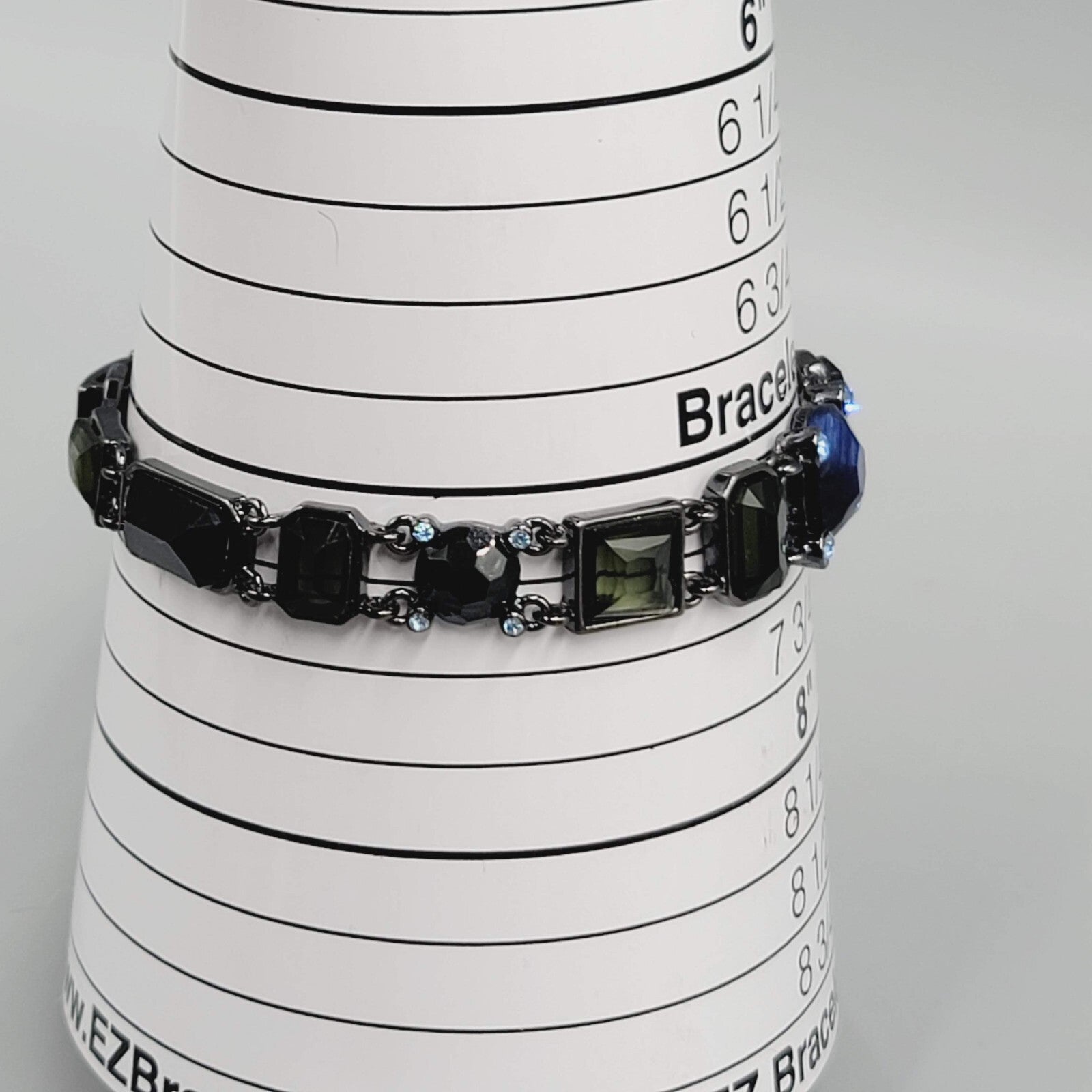 Black Metal Bracelet Dark Green Blue Rhinestones 7.25"