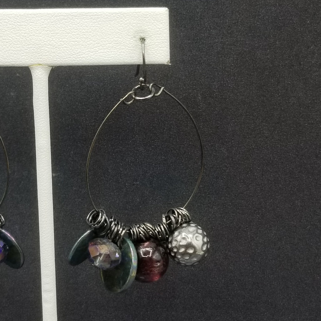 Pierced Earrings Black Wire Loop Acrylic Metal Charm Dangle 2 1/4"
