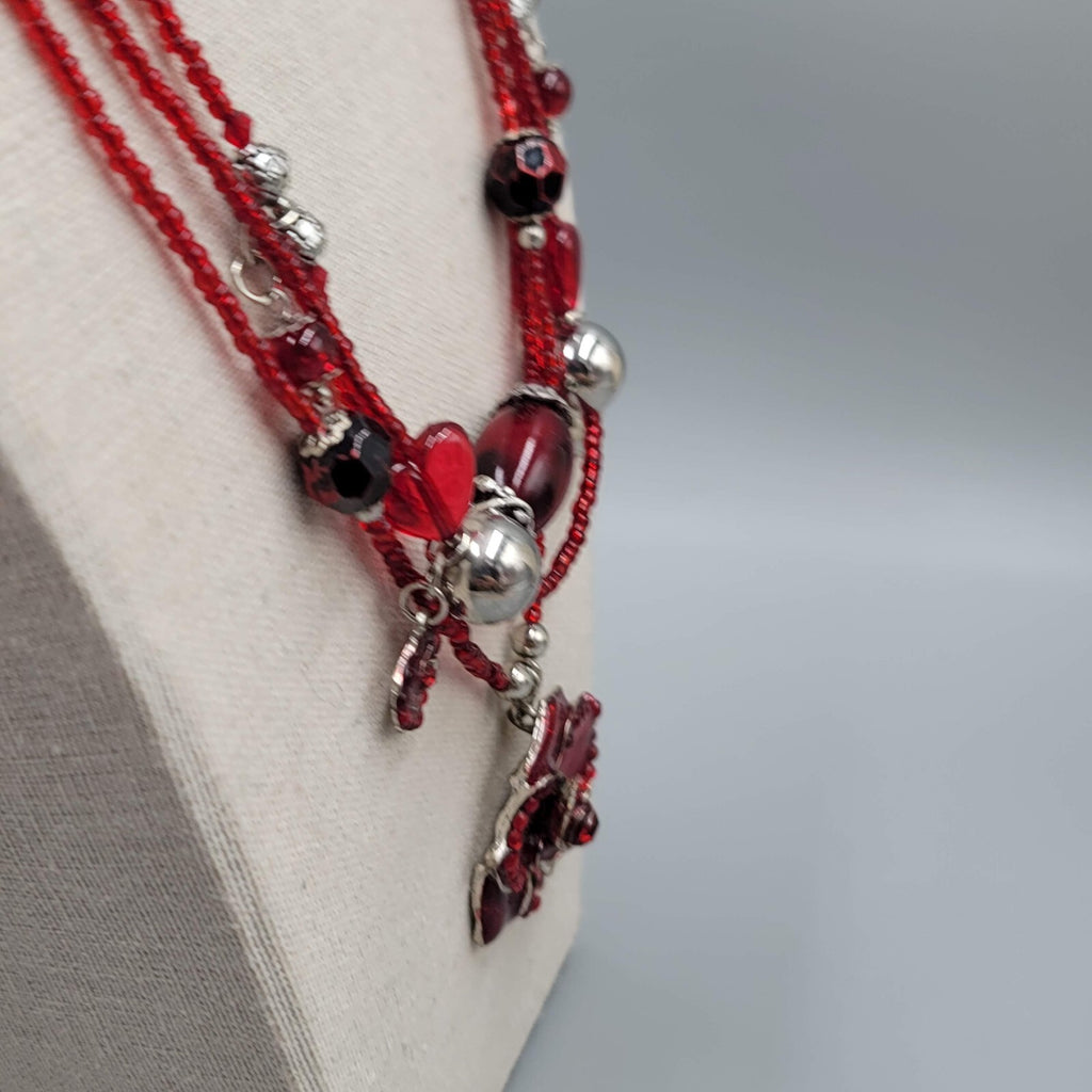 Red Bead Triple Layer Necklace Silver tone Statement Flower Pendant 20"+