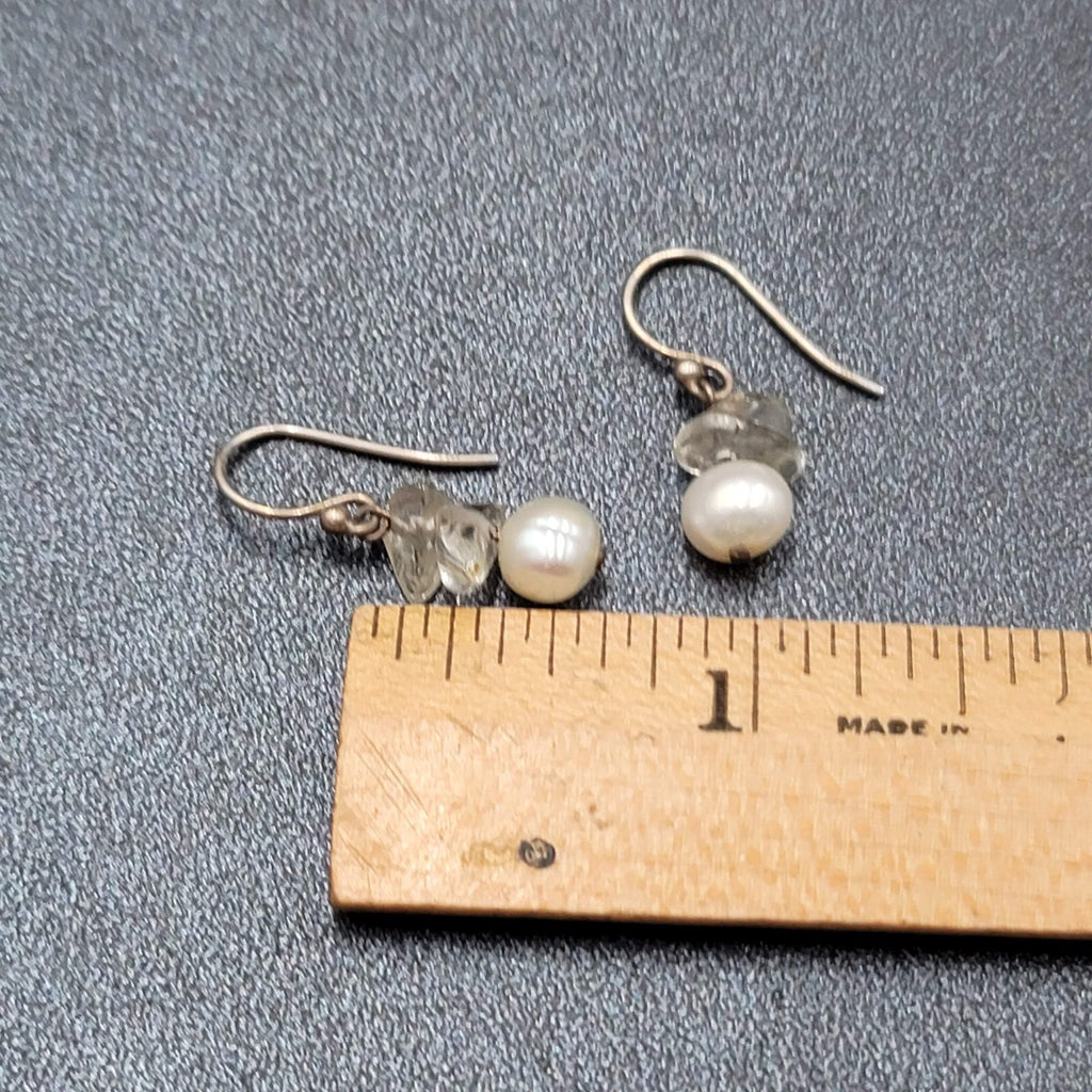 Sterling Silver Pierced Earrings Freshwater Pearl Quartz Bead Dangle 5/8"