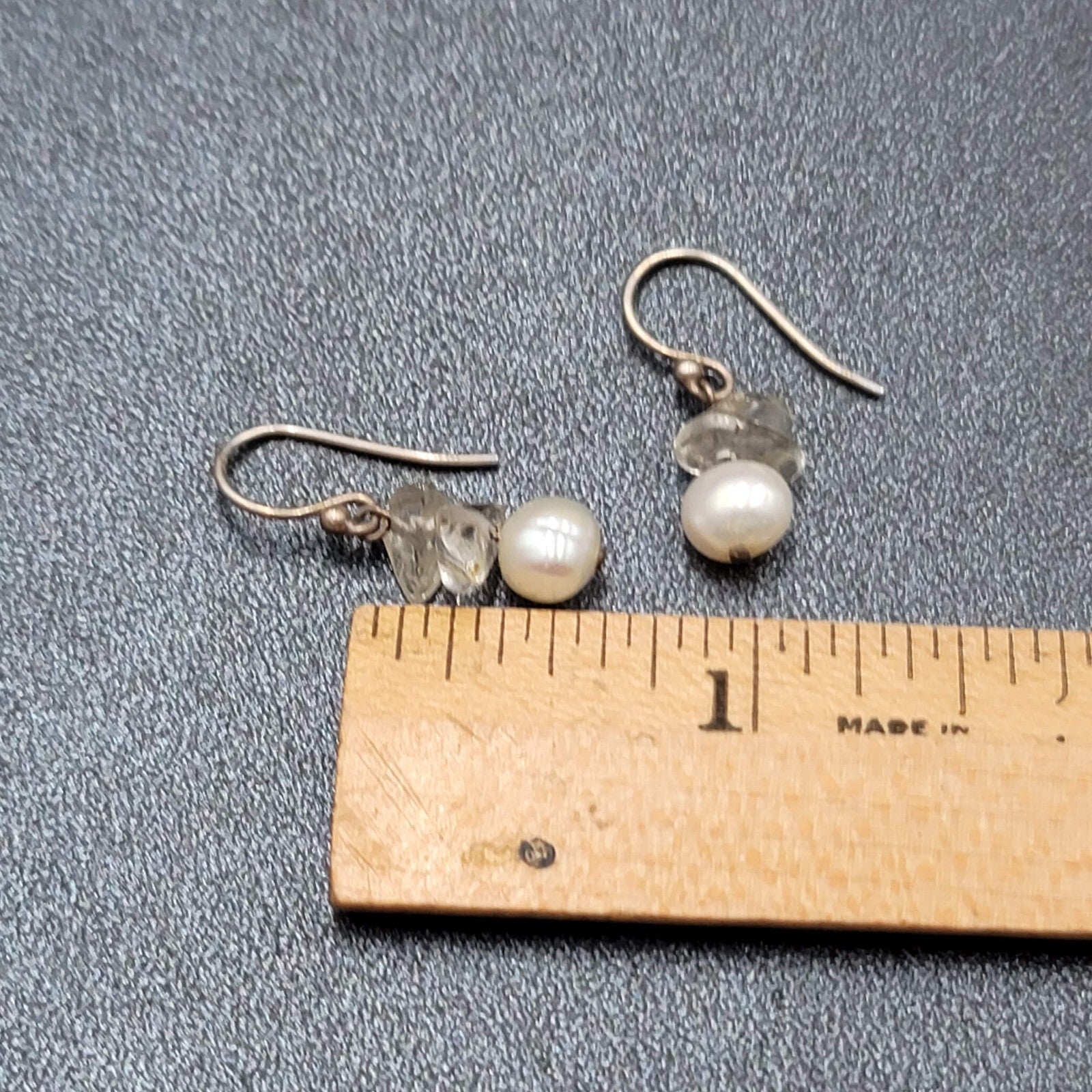 Sterling Silver Pierced Earrings Freshwater Pearl Quartz Bead Dangle 5/8"