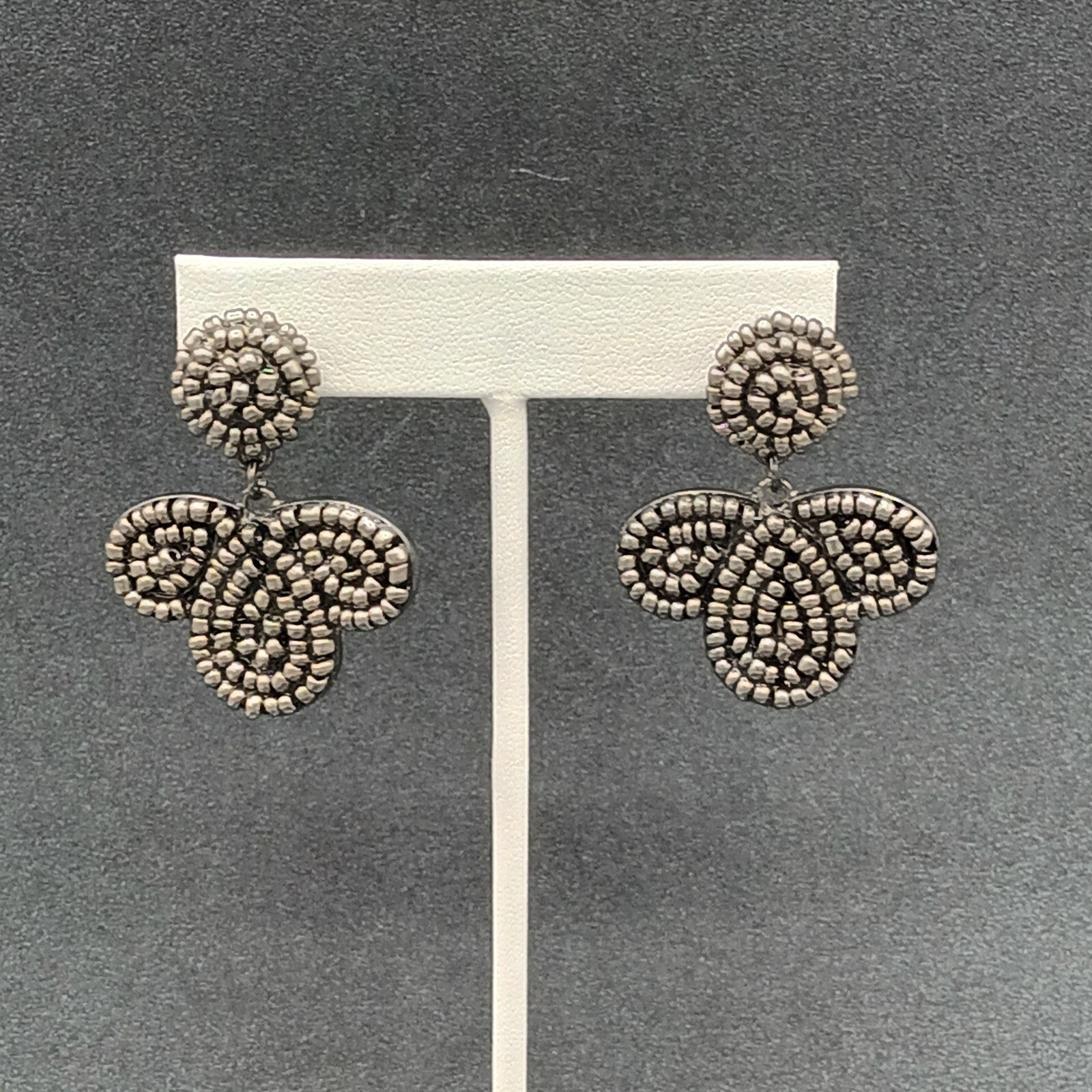 Vintage Pierced Earrings Black Metal Molded Beaded  Dangle 1 5/8"