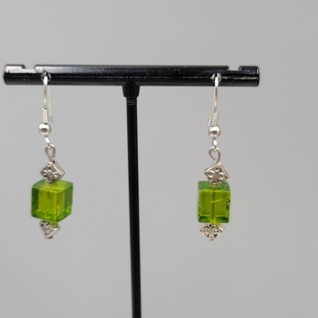 Pierced Earrings Square Green Glass Bead Silver tone Dangle 1"