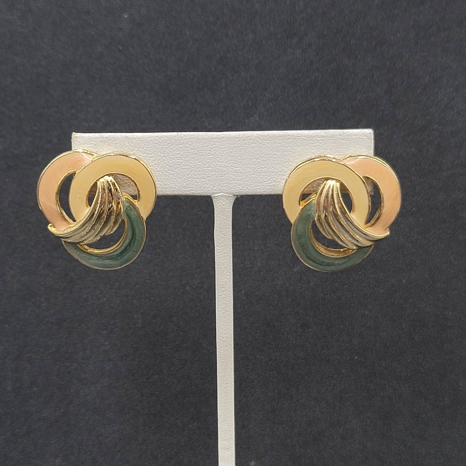 Vintage Pierced Earrings Tan Pink Green Swirl Enamel Gold tone Drop 1 1/8"