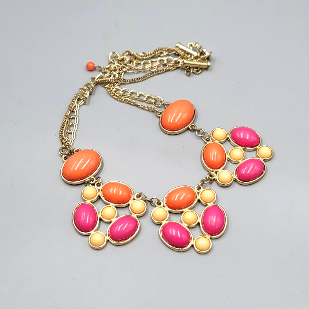 Statement Bib Necklace Pink Orange Gold tone Double Chain 18"-20"