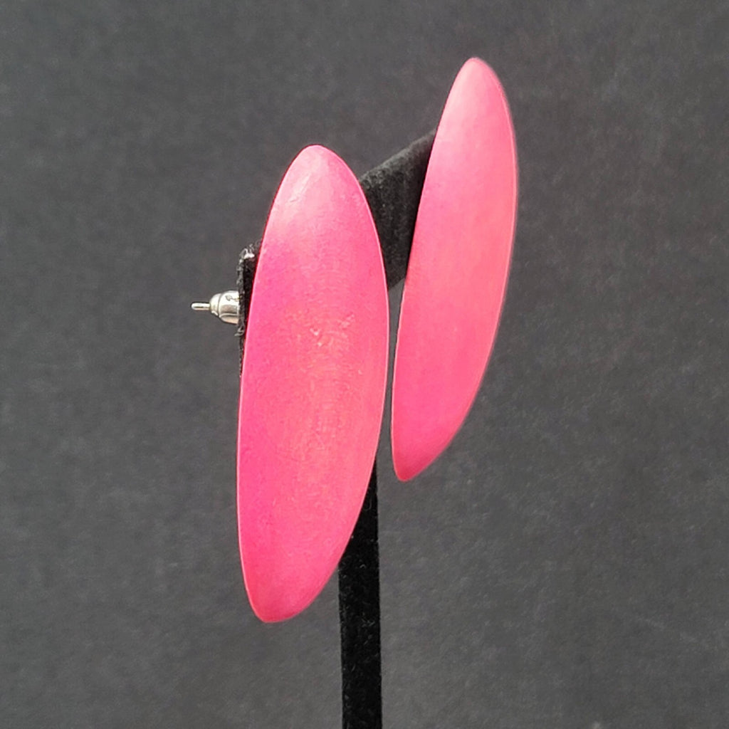 Vintage Pierced Earrings Large Wood Pink Stain Statement Drop 2"