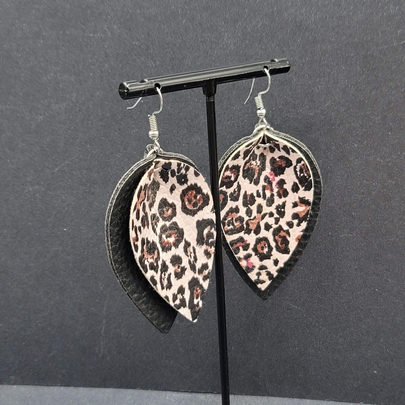 Pierced Earrings Faux Leather Leopard Print Layered Dangle 2.25"