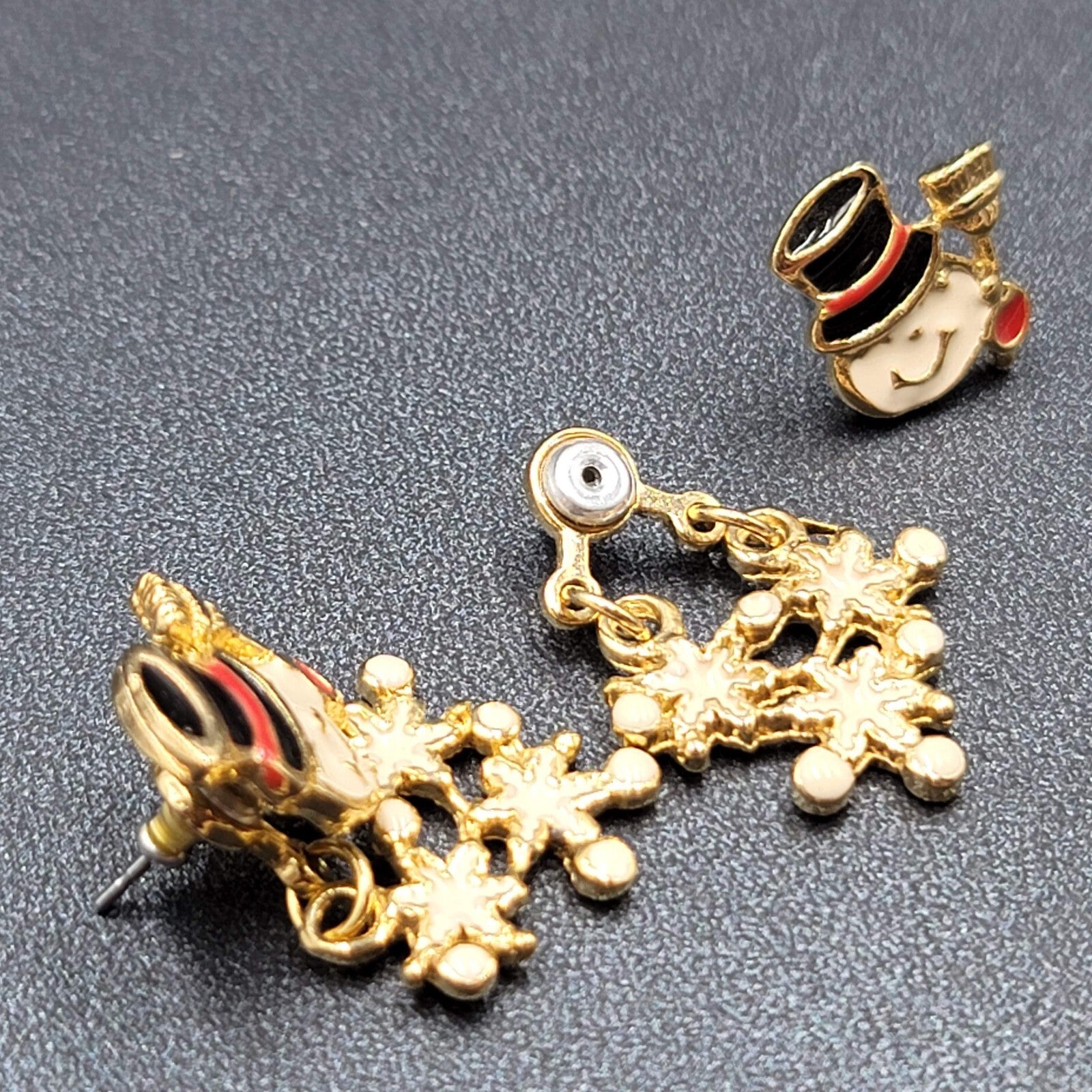 Snowman Pierced Earrings Gold tone Enamel Jacket Back Dangle 1.25"