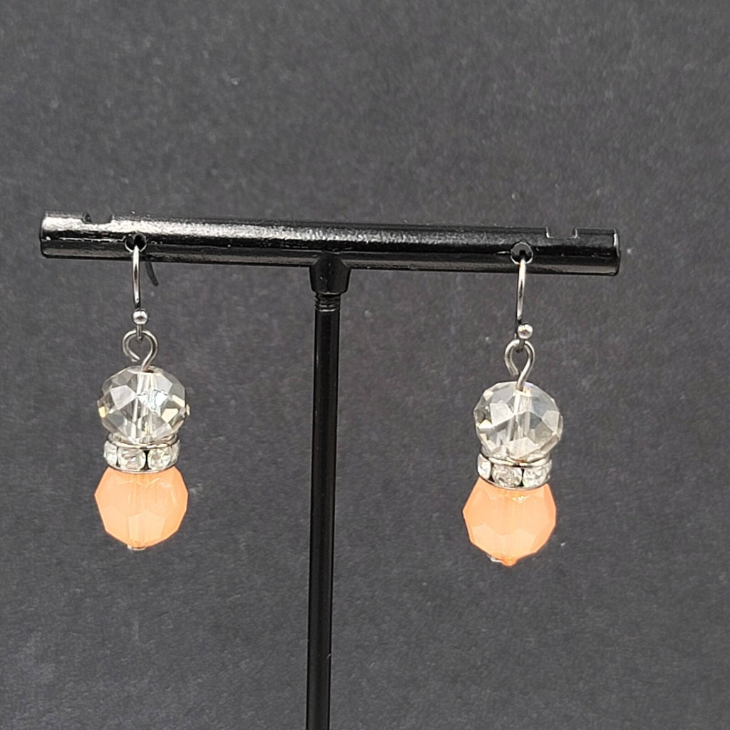 Pierced Earrings Black Metal Peach Clear Crystal Faceted Beads Dangle 1"