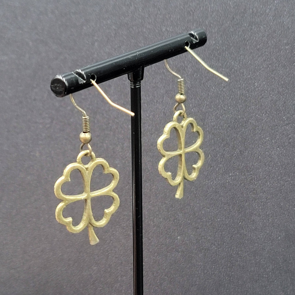 New 4 Leaf Clover Pierced Earrings Lucky Shamrock Bronze tone Dangle 1"