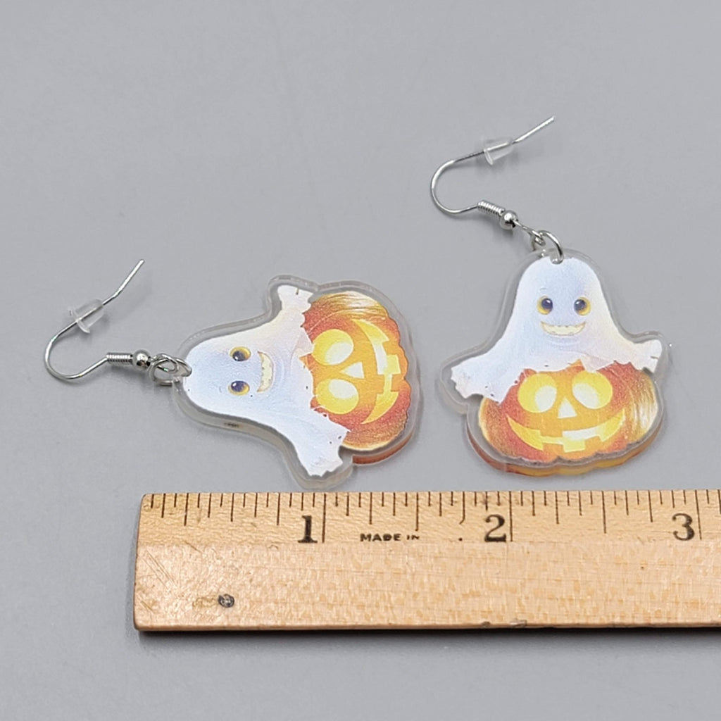 Halloween Ghost Pumpkin Pierced Earrings Silver tone Dangle 1.5 in