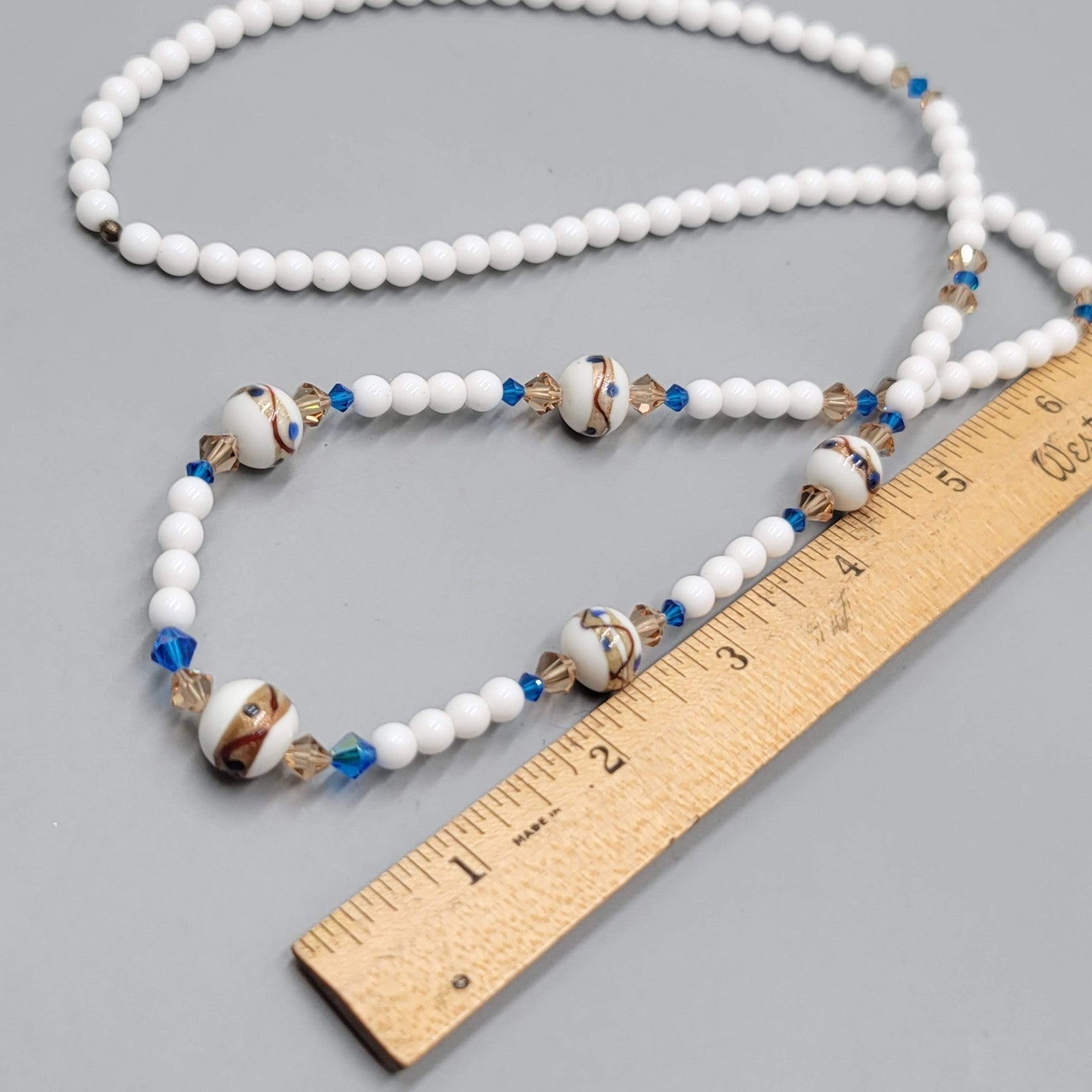 Vintage White Glass Art Bead Necklace Estate Costume Jewelry
