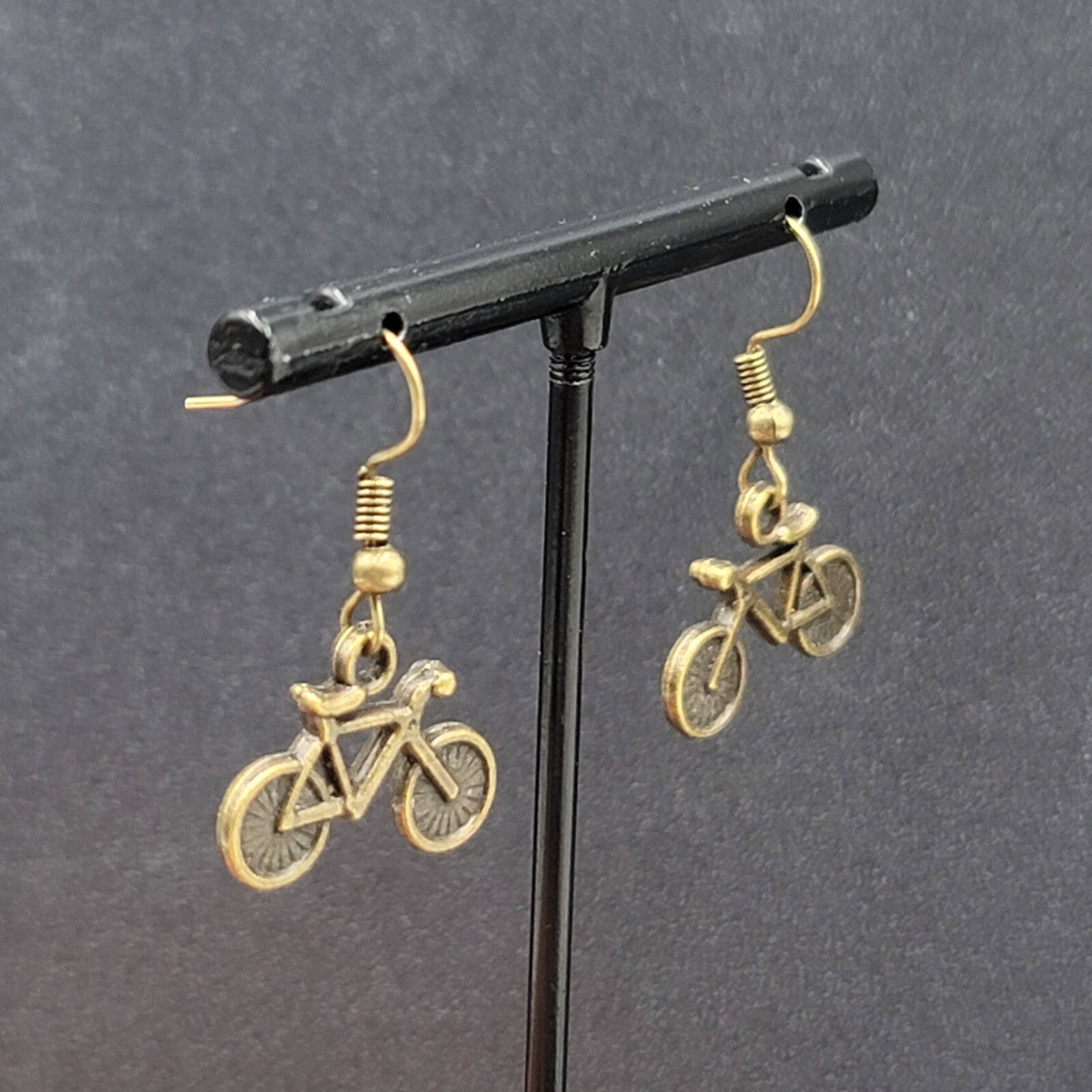 Bicycle Pierced Earrings Bronze tone Dangle 3D 5/8"