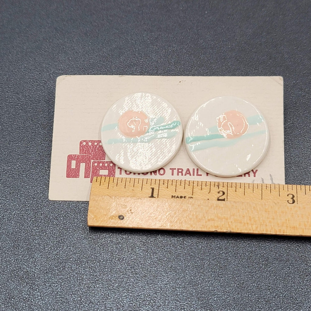 Vintage Tohono Trail Pottery Pierced Earrings White Peach Teal Discs 1.25"