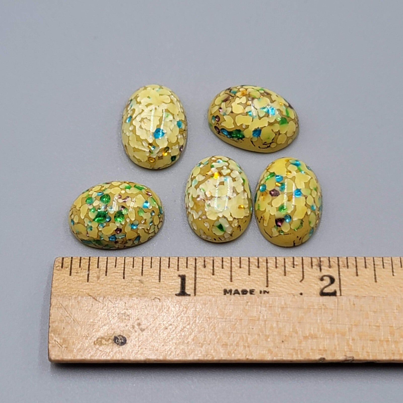 Vintage Glass Domed Cabochons Loose Lot of 5 Yellow Confetti