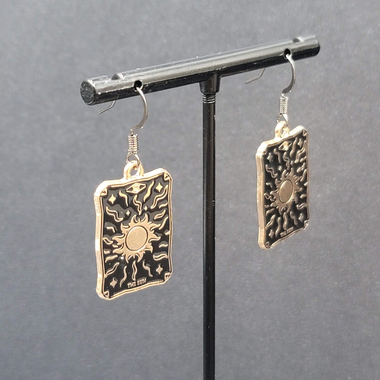Tarot Card Pierced Earrings The SUN Gold tone Black 1"