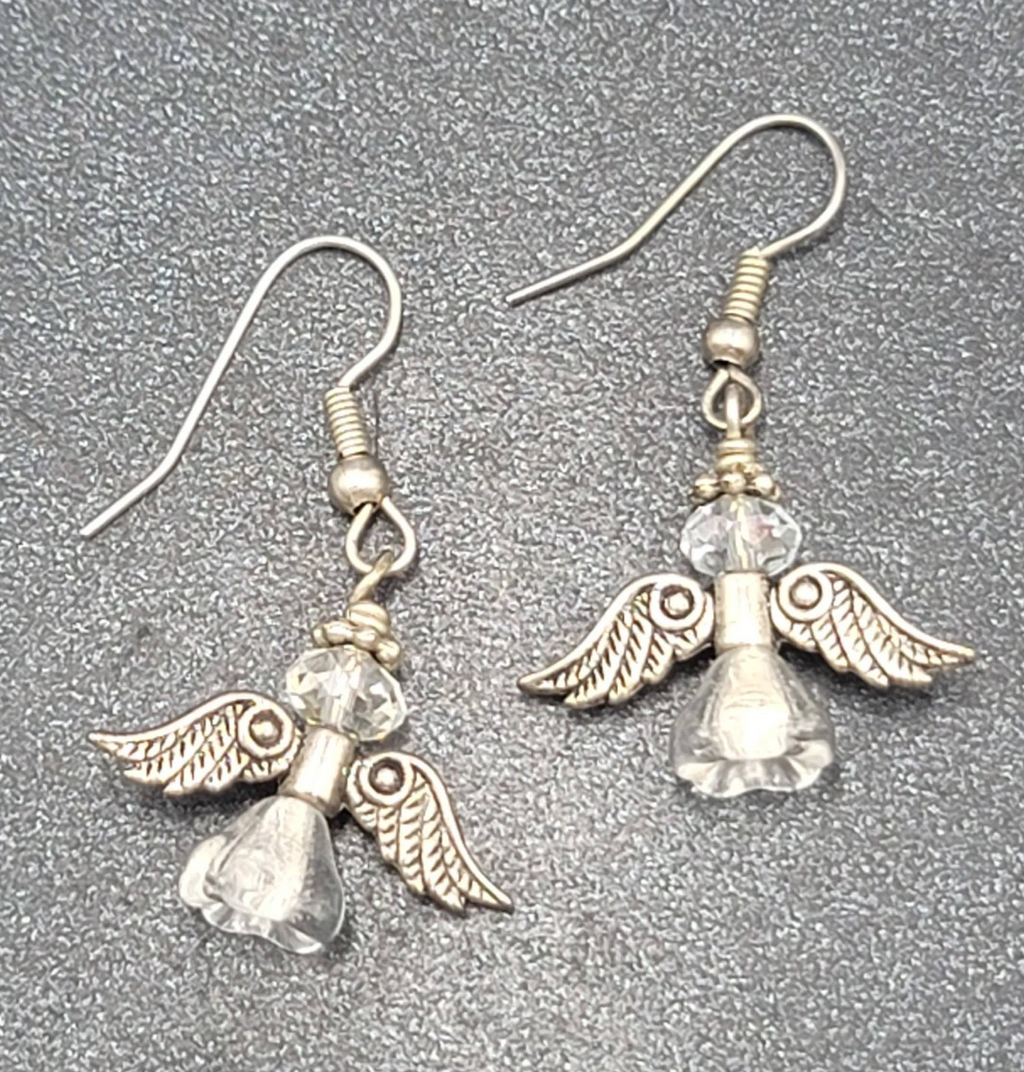 Angel Pierced Earrings Silver tone Glass Beaded Dangle 7/8"