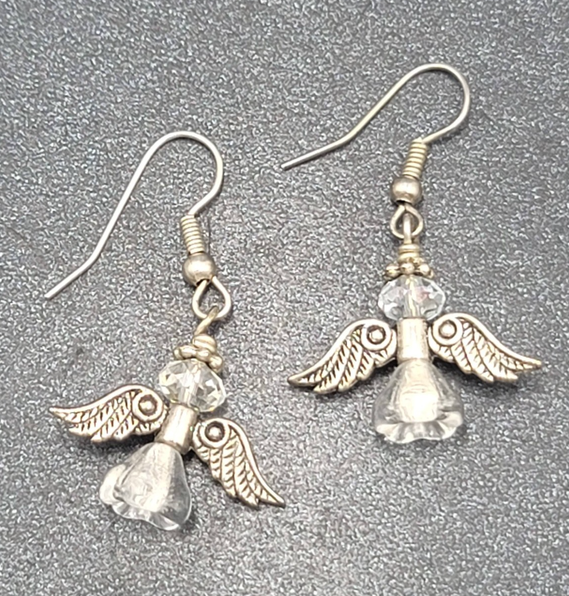 Angel Pierced Earrings Silver tone Glass Beaded Dangle 7/8"