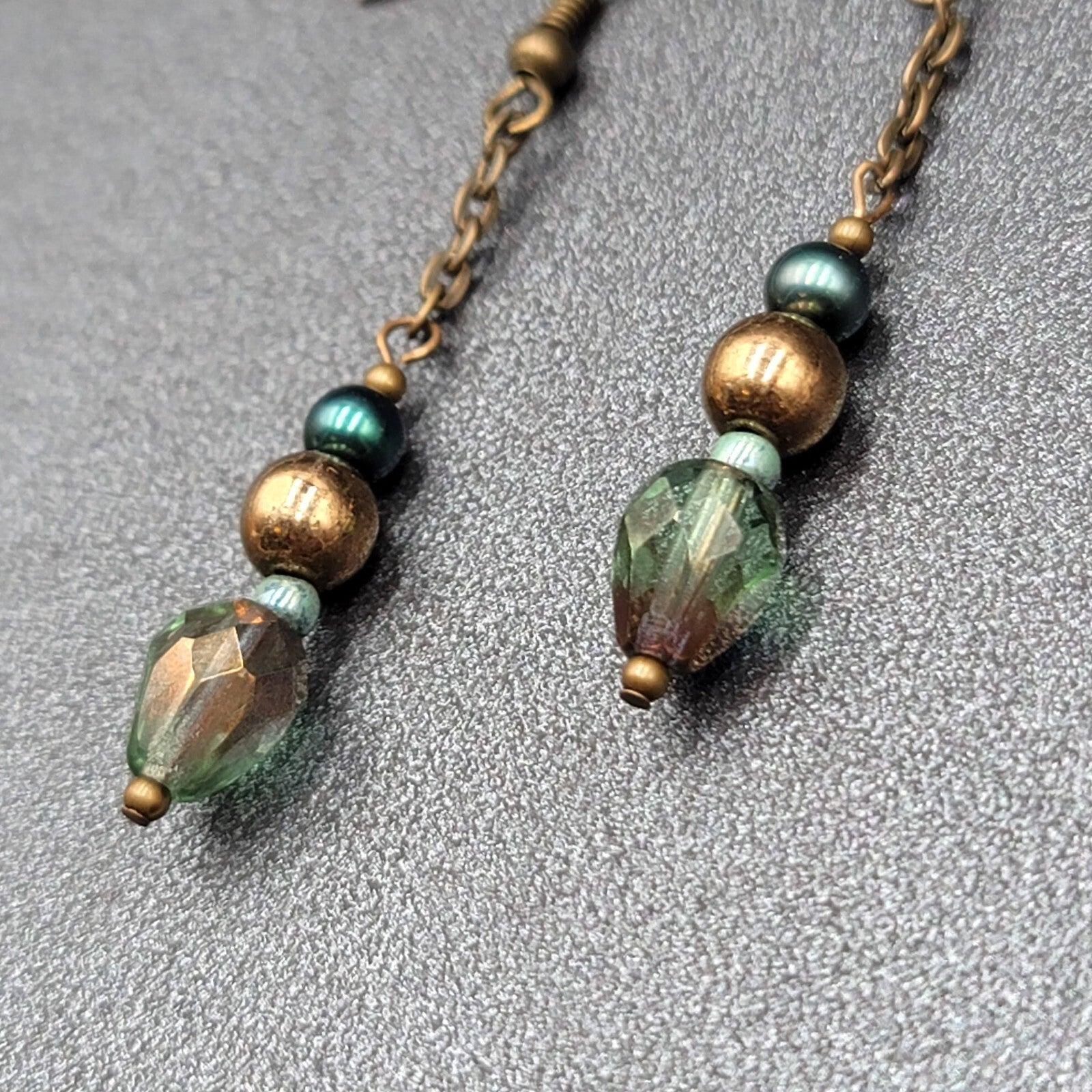 Pierced Earrings Bronze tone Metal Crystal Bead Dangle 1.5"
