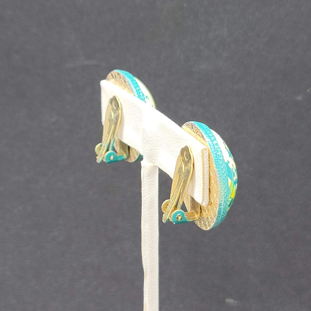 Vintage Clip on Earrings Round Dome Blue Green Yellow Speckle Studs 1" Hong Kong