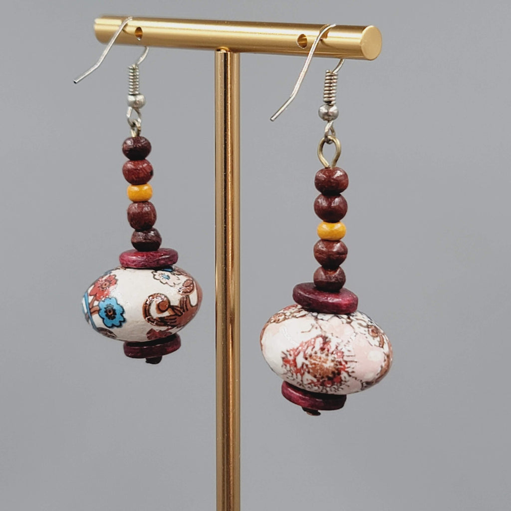 Beaded Pierced Earrings Wood Flower Bead Dangle 1 5/8"
