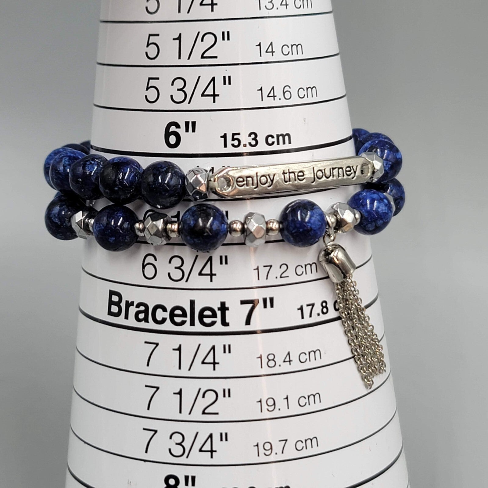 ENJOY The Journey Quote Bracelet Blue Beads Silver tone Lot of 2 Elastic