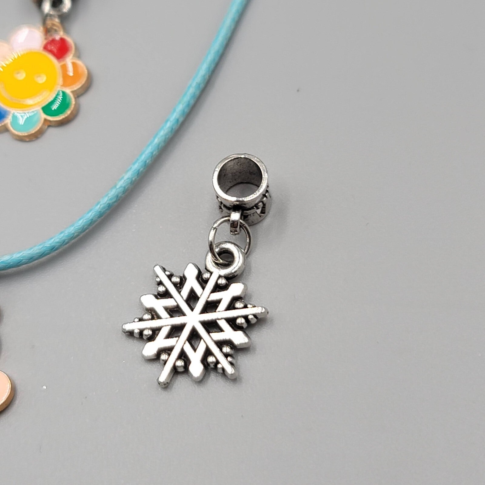 Necklace Charm Pendant Lot Blue and Black Cord Silver tone 5 Charms 18"