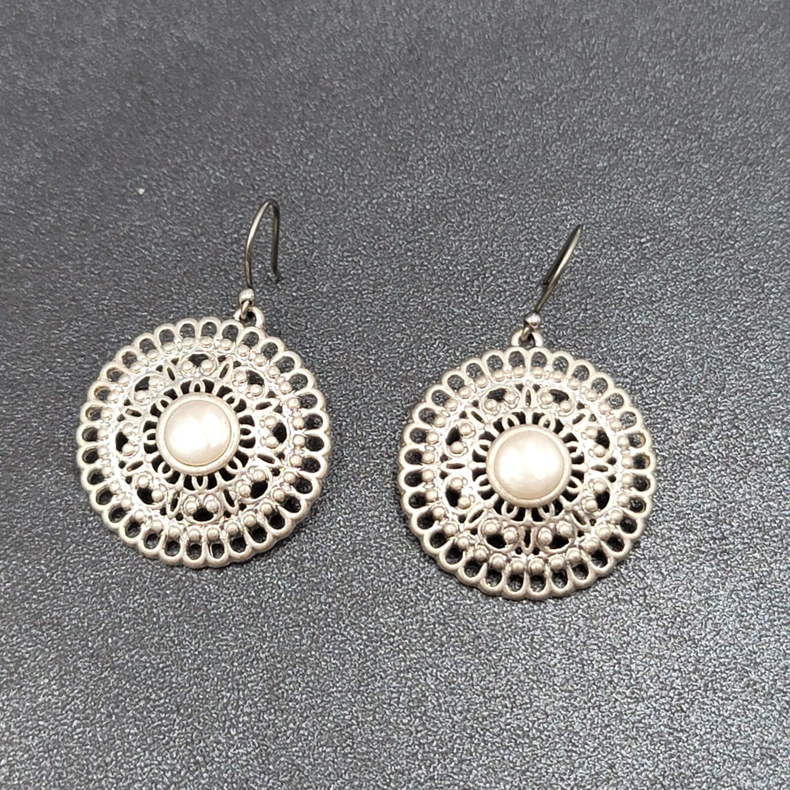 Pierced Earrings Silver tone Faux Pearl Open Work Medallion Dangle 1"
