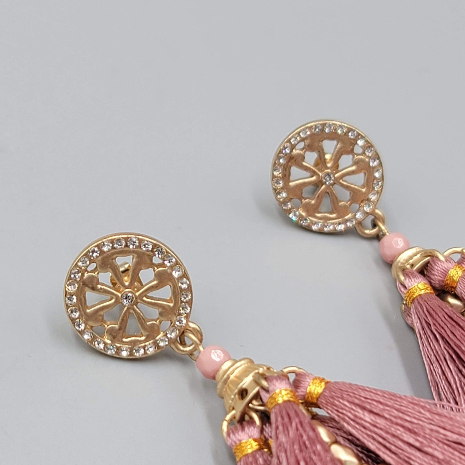 Pink Tassel Pierced Earrings Gold ton e Crystal Dangle 3"