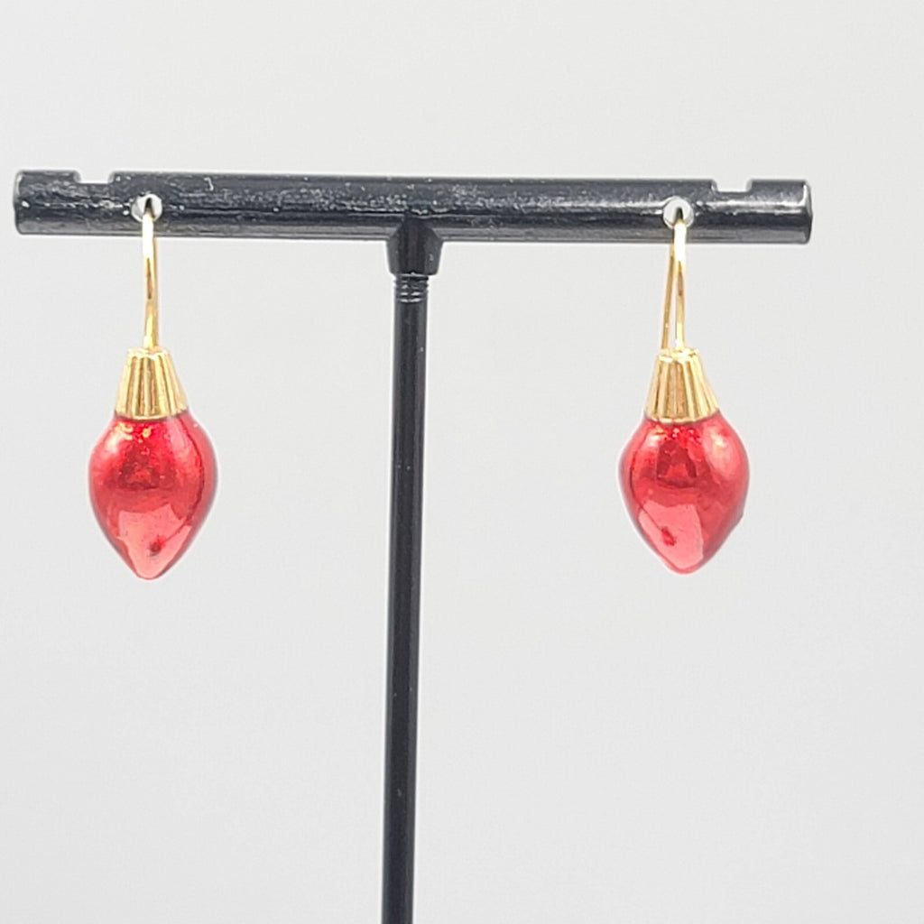 Christmas Bulb Pierced Earrings Gold Plated Red Enamel 3/4"