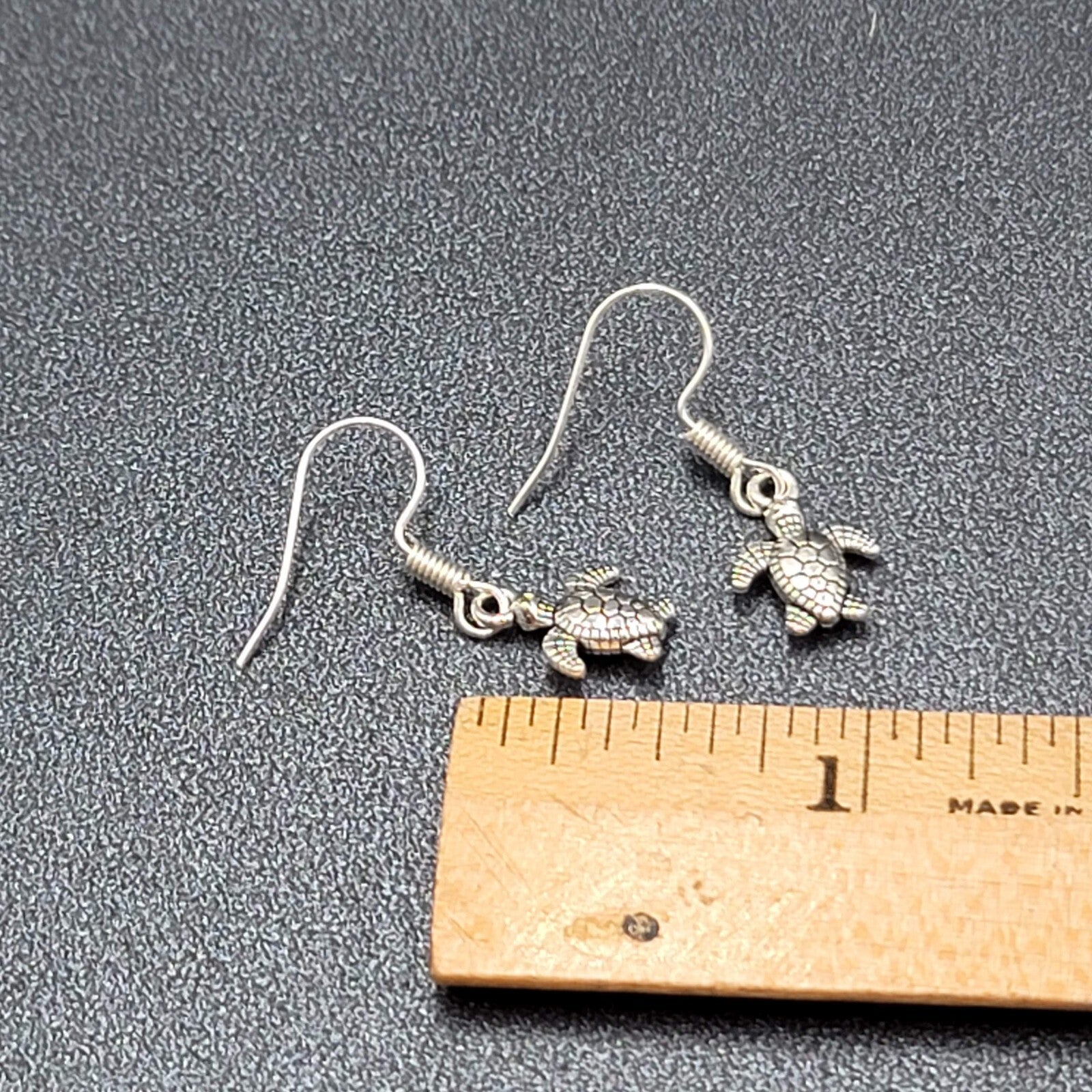 Pierced Earrings Miniature Baby Sea Turtle Dainty Dangle Silver tone  1/2"