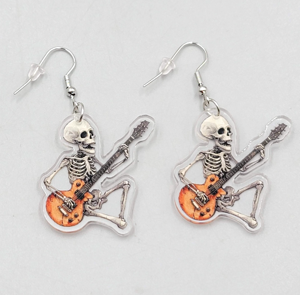Halloween Skeleton Electric Guitar Pierced Earrings Silver tone Dangle 1.5 in