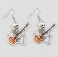 Halloween Skeleton Electric Guitar Pierced Earrings Silver tone Dangle 1.5 in