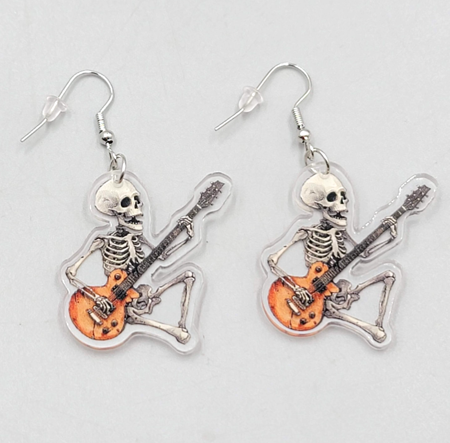 Halloween Skeleton Electric Guitar Pierced Earrings Silver tone Dangle 1.5 in