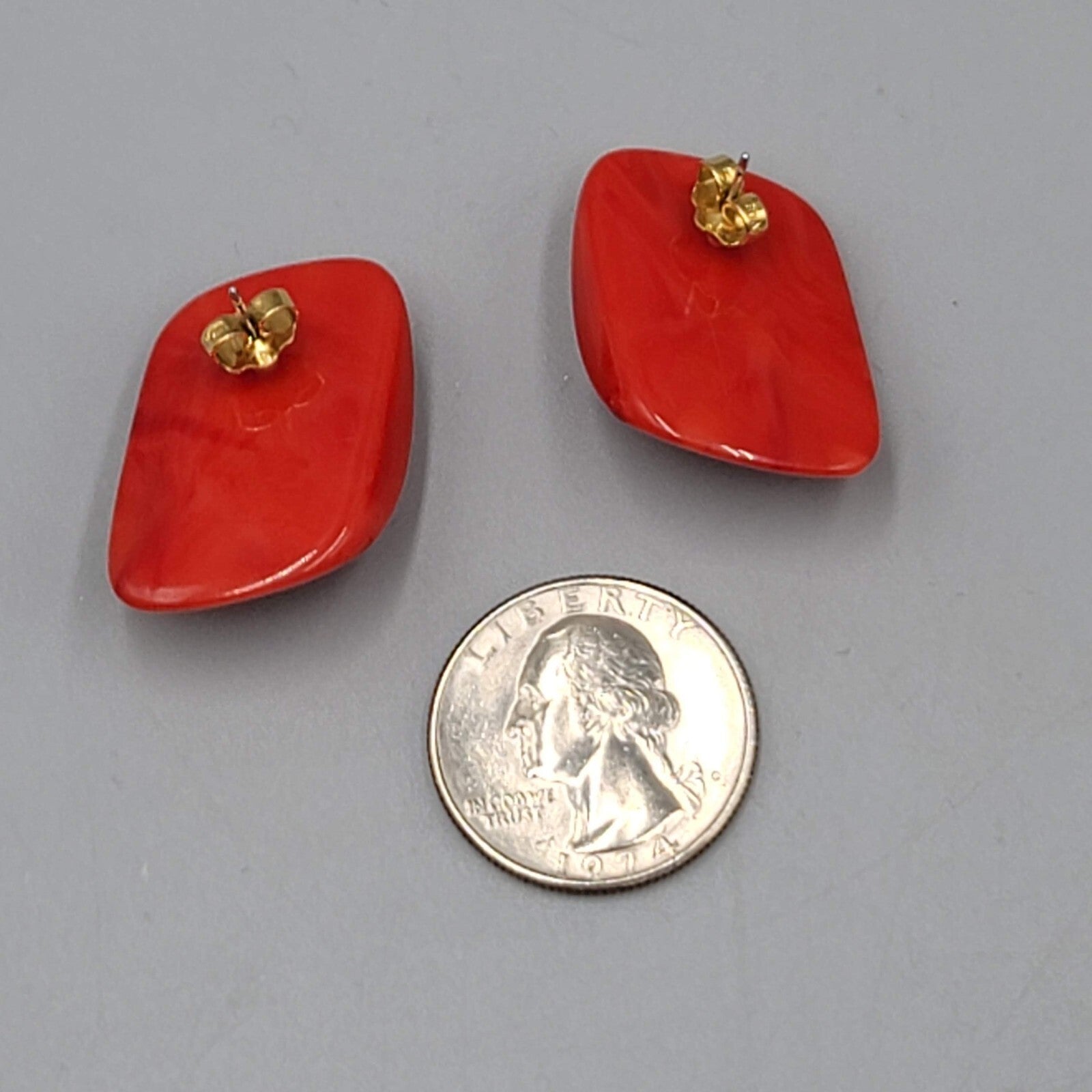 Vintage Red Acrylic Pierced Earrings Statement Geometric Puffy Drop 1.25"