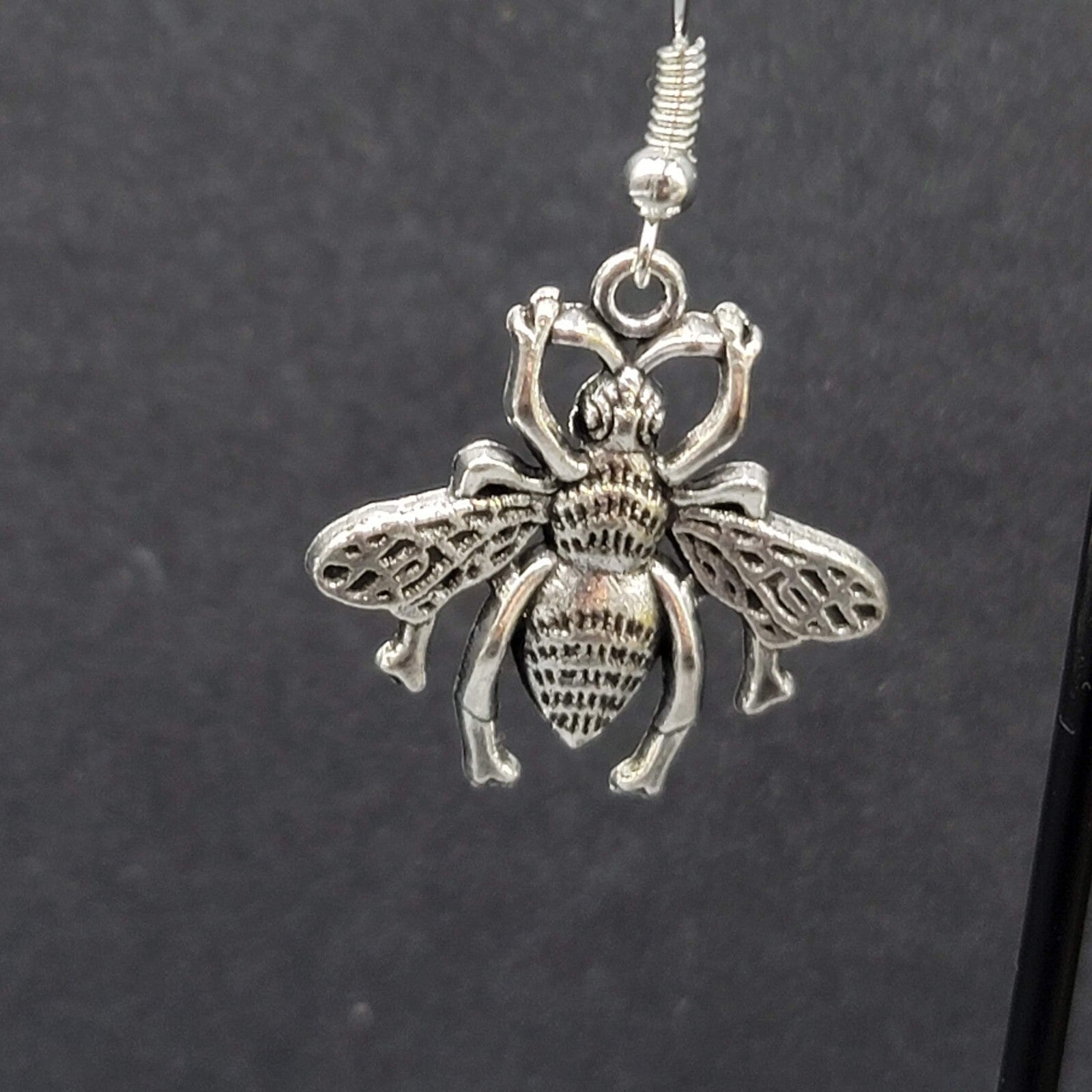 Bee Flying Insect Pierced Earrings Silver tone Dangle 1"