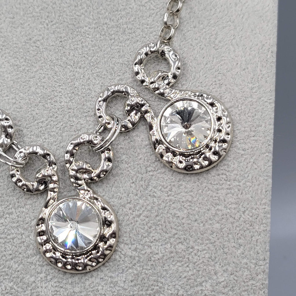 Large Clear Rivoli Rhinestone Necklace Silver tone Statement 18 in