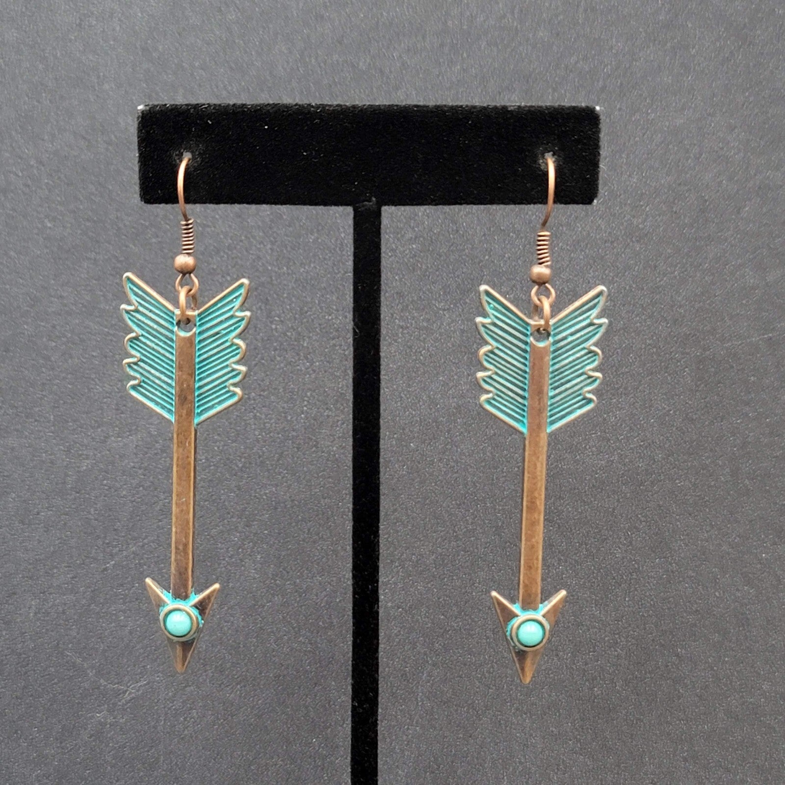 New Boho Pierced Earrings Copper tone Green Enamel Arrow Dangle 2.25"